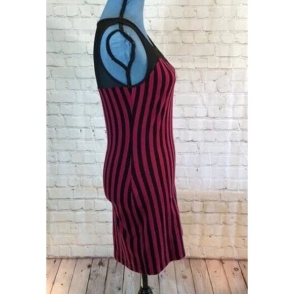 NWT Charlotte Russe Dress Red & Black Vertical Stripe Bodycon Mesh Yoke Large - Picture 3 of 8